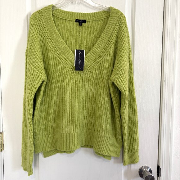 Ever After Nordstrom Ribbed Knit Pullover Sweater V-Neck Lime Green Size Large - Picture 1 of 4